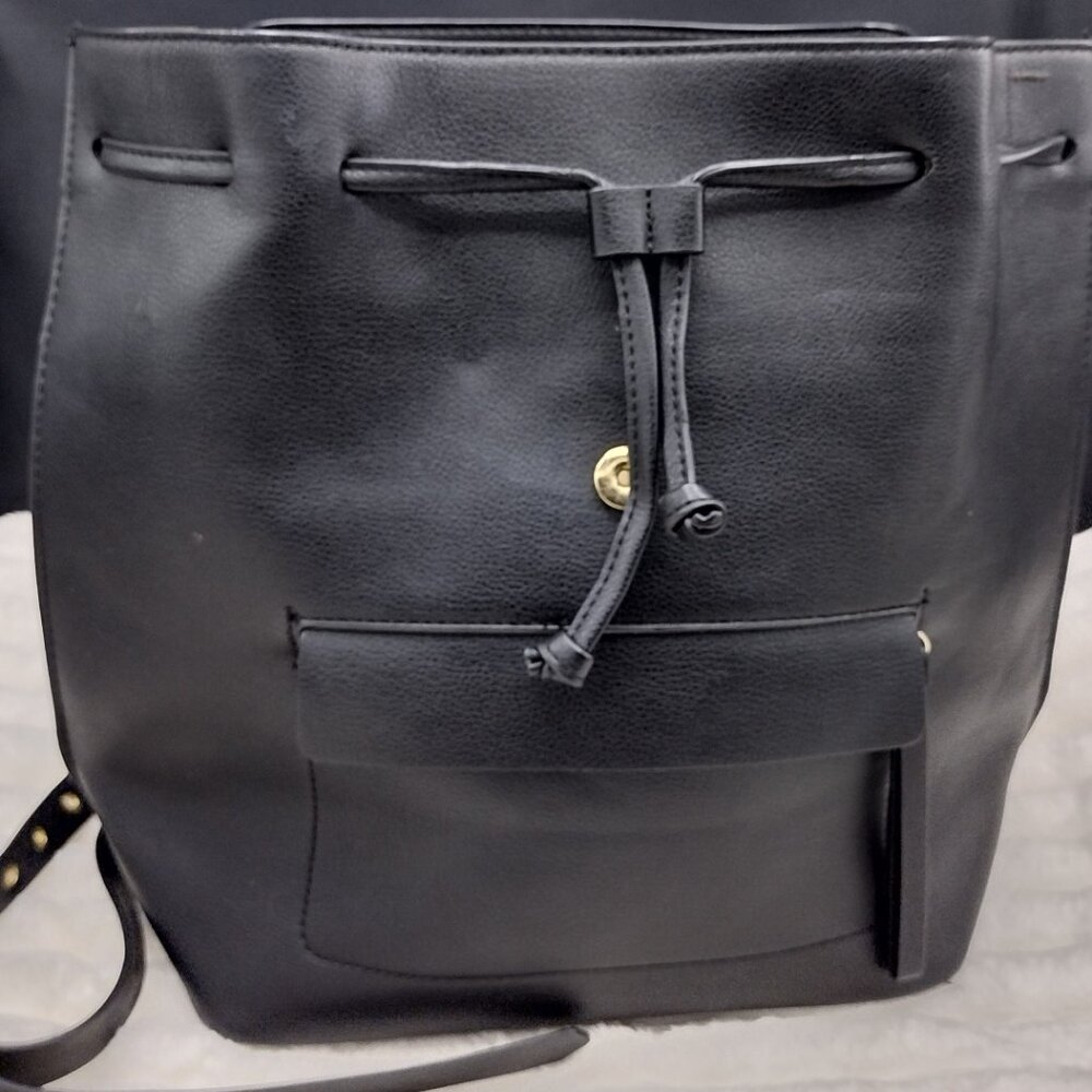 Zara Black Faux Leather Backpack Gold Hardware Flap Drawstring Adjustable Straps - Picture 6 of 13